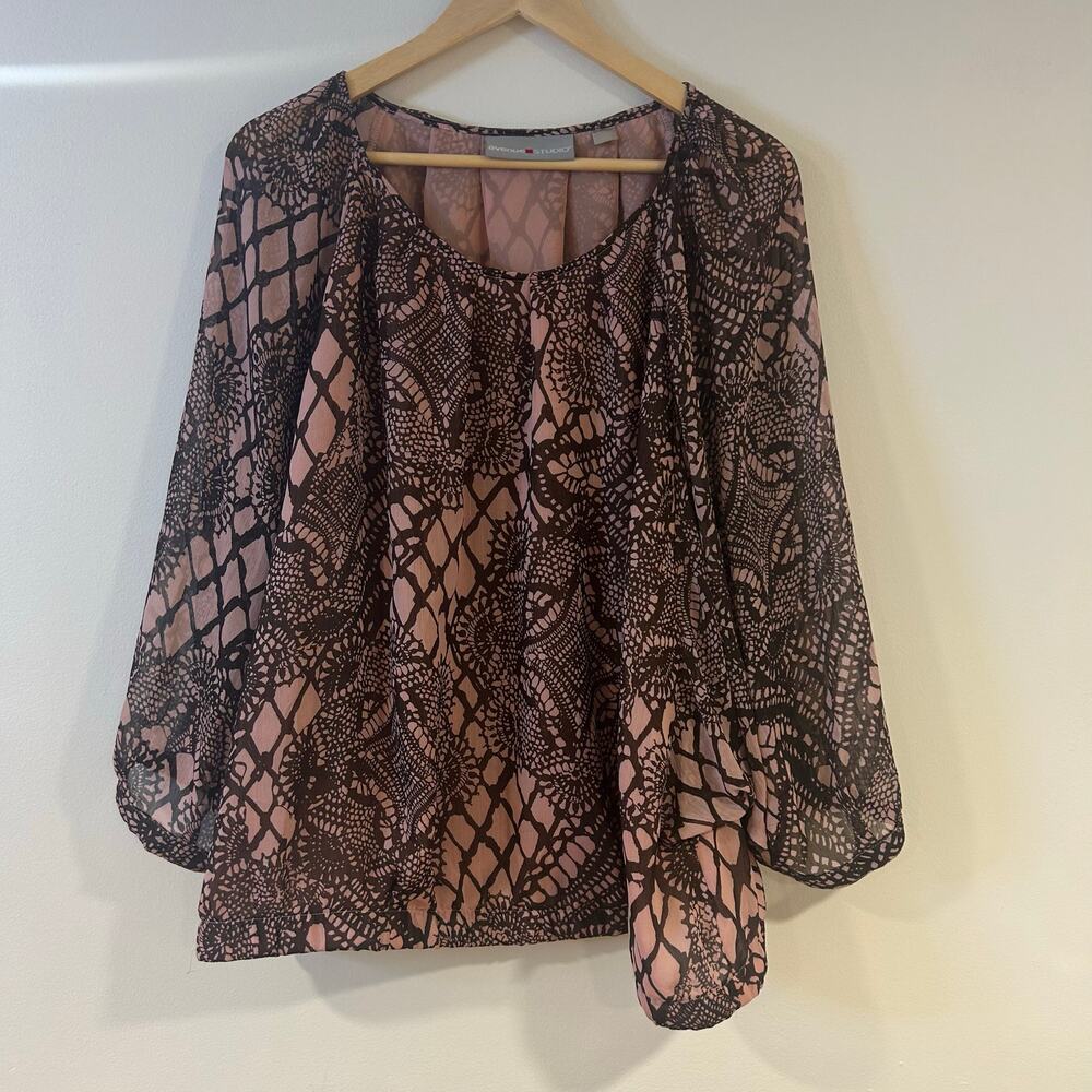AVENUE STUDIO Sz 22/24 Pink Brown Flowy Crew Neck Long Sleeve Blouse